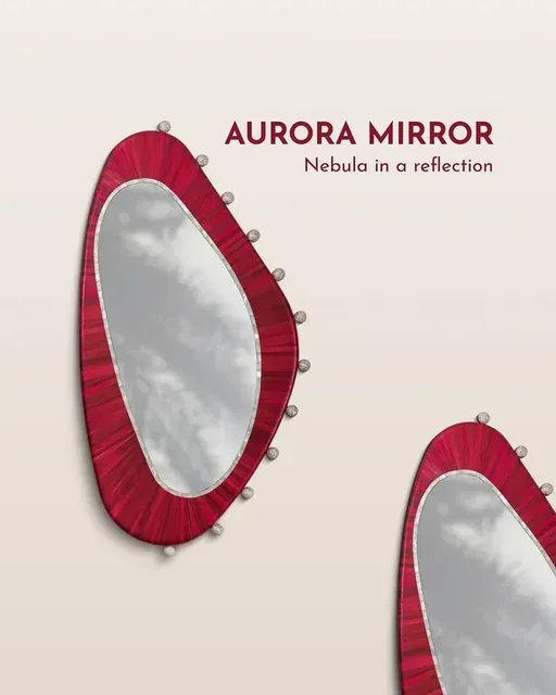 Okra ad: the Aurora mirror with a red beaded frame