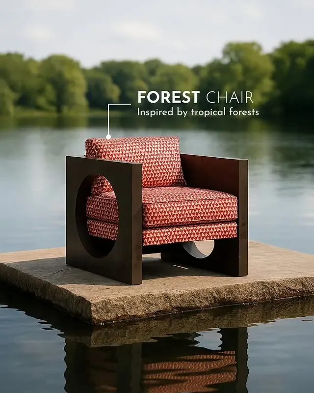 Okra ad: the Forest Chair on a stone platform in a lake
